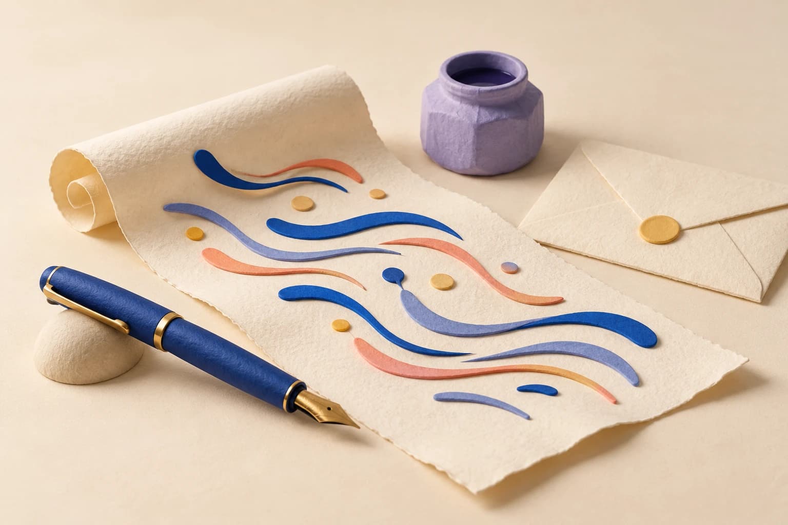 A blue fountain pen beside a paper first draft