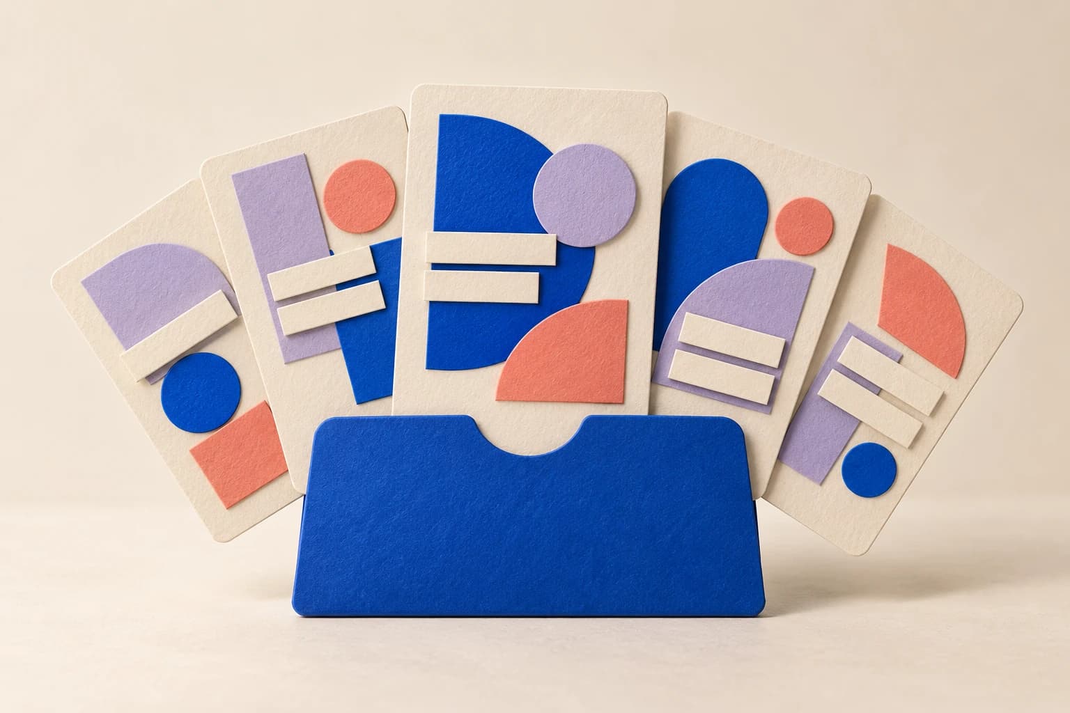 Abstract carousel cards fanning from a blue paper sleeve