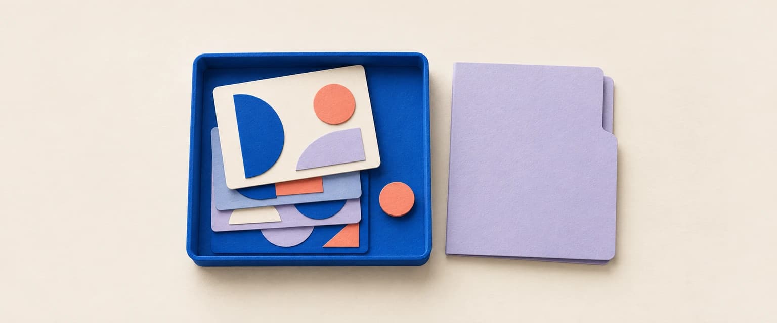 A draft and image cards collected in a review tray